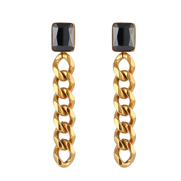 Black Zircon 18K Gold Plated Chain Stainless Steel Earrings